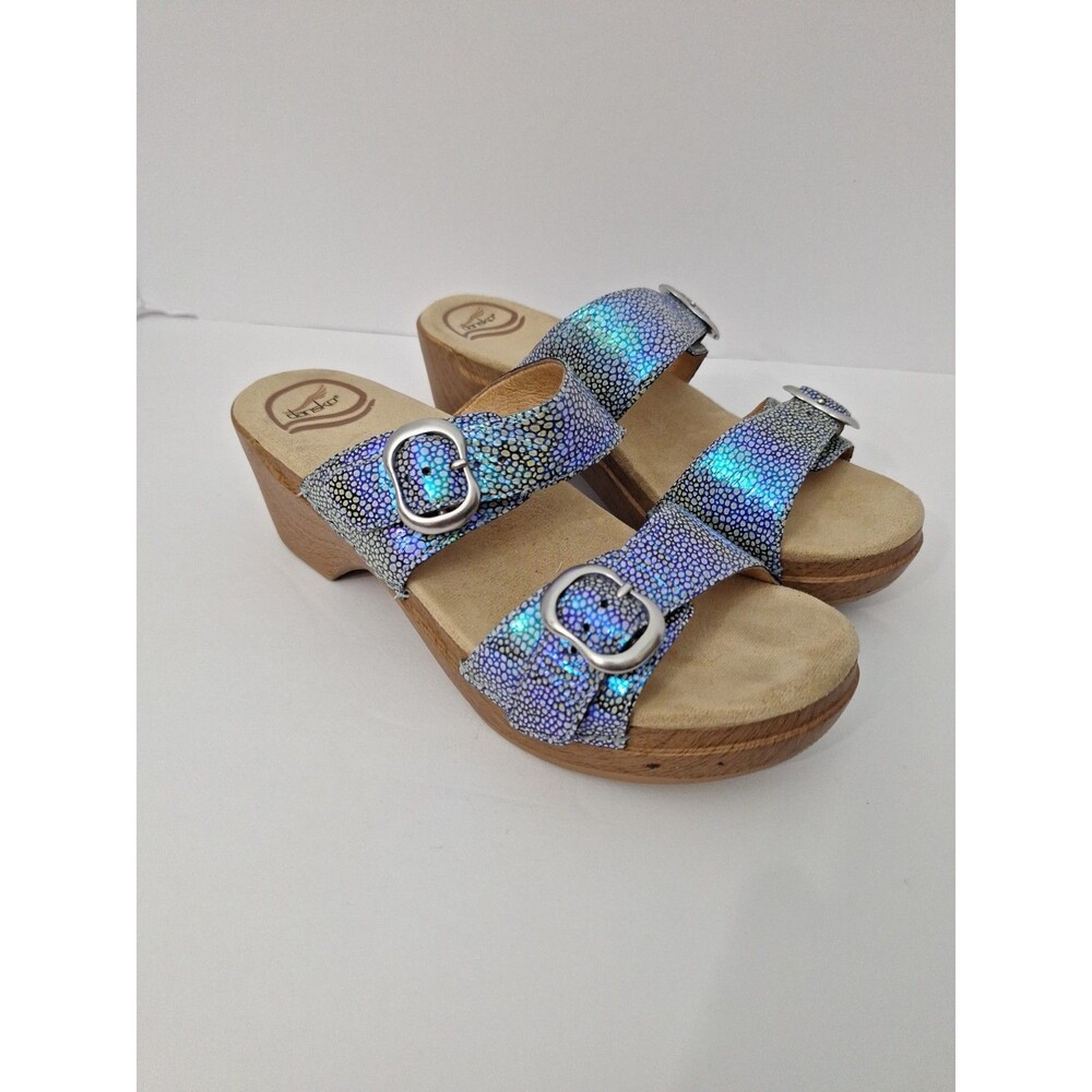 Dansko Sophie Blue Iridescent Double Strap Clog Sandal US Size 7.5 EU 38 Leather